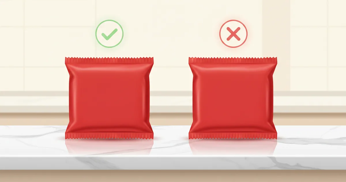 Two similar red instant noodle packages side by side with one marked with a checkmark and one with an X