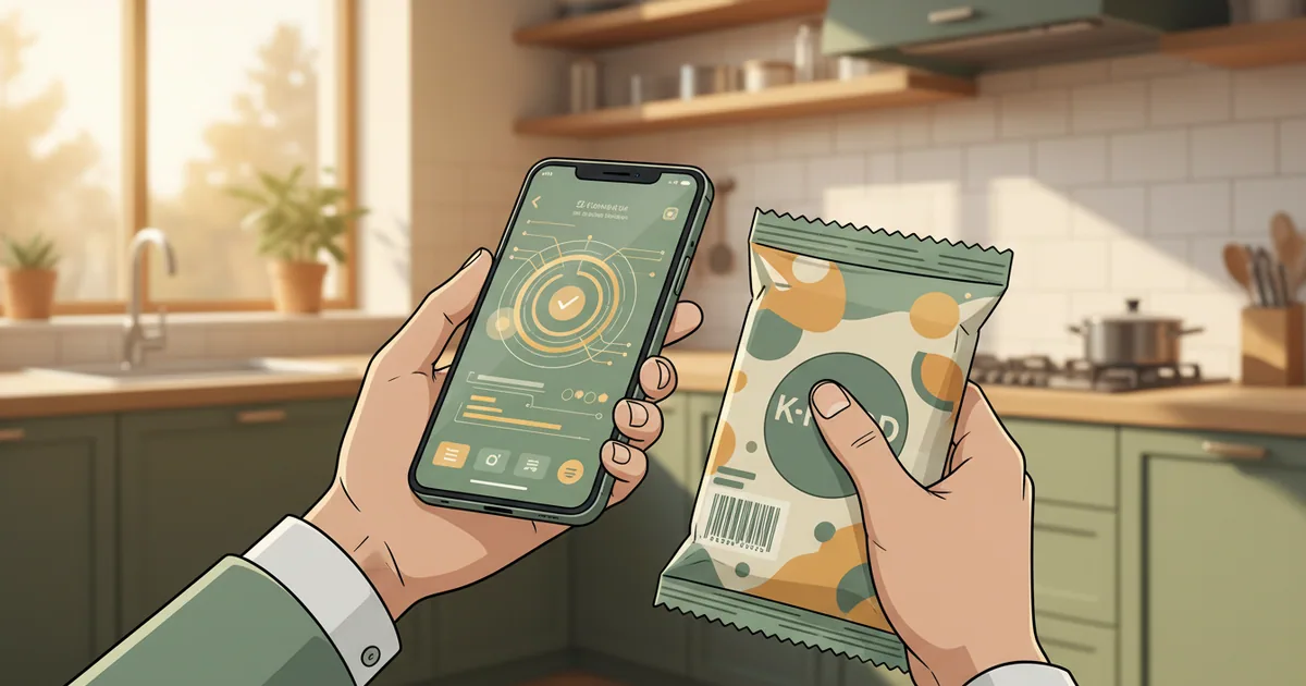 Hands holding a smartphone scanning a snack package barcode in a kitchen