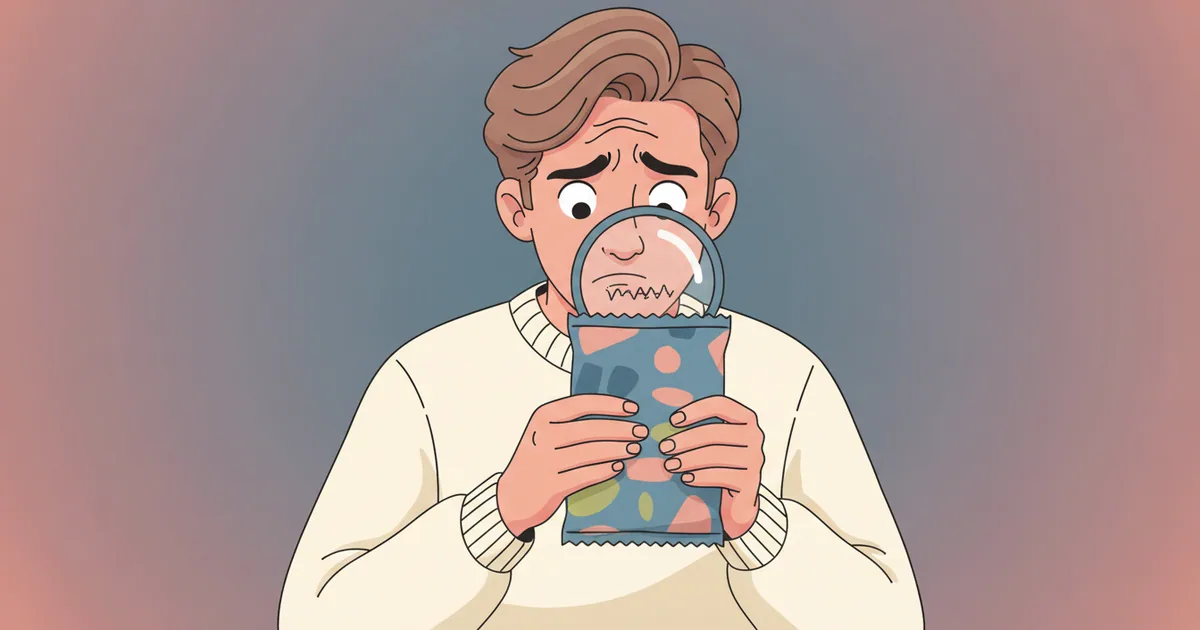 Person looking confused at an ingredient list with a magnifying glass over small print