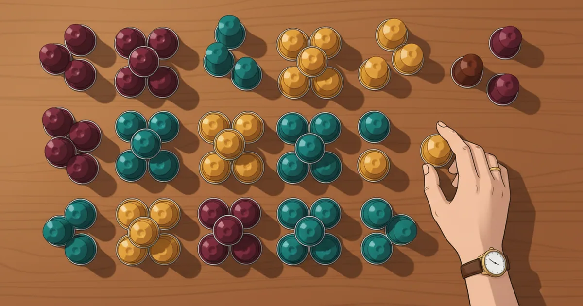 Colorful coffee capsules arranged in neat rows showing variety and quantity