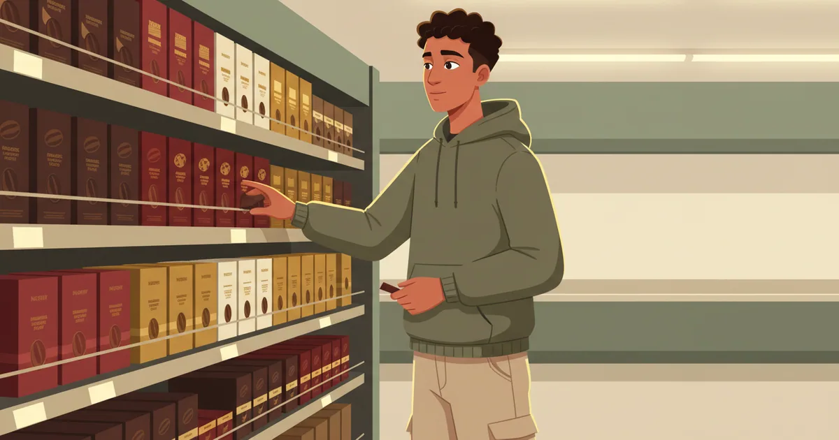 Person browsing supermarket shelf with coffee products in Morocco