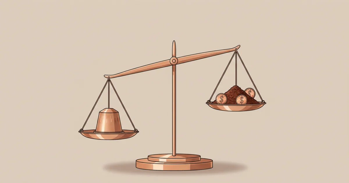 Simple balance scale comparing coffee capsule against ground coffee and coins