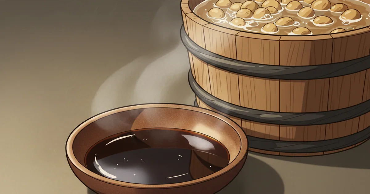 Ceramic bowl of dark soy sauce beside fermenting soybeans in traditional wooden vat
