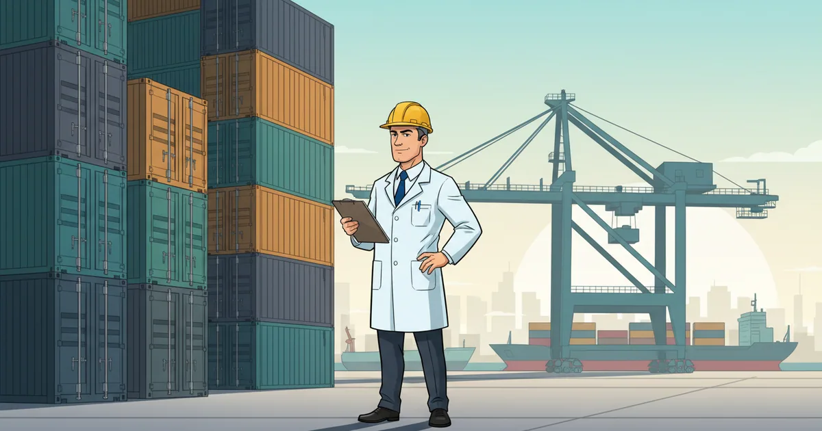 Quality inspector reviewing certification documents at a shipping container port
