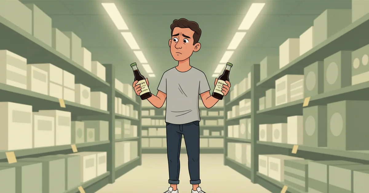 Confused shopper comparing two similar soy sauce bottles in supermarket aisle