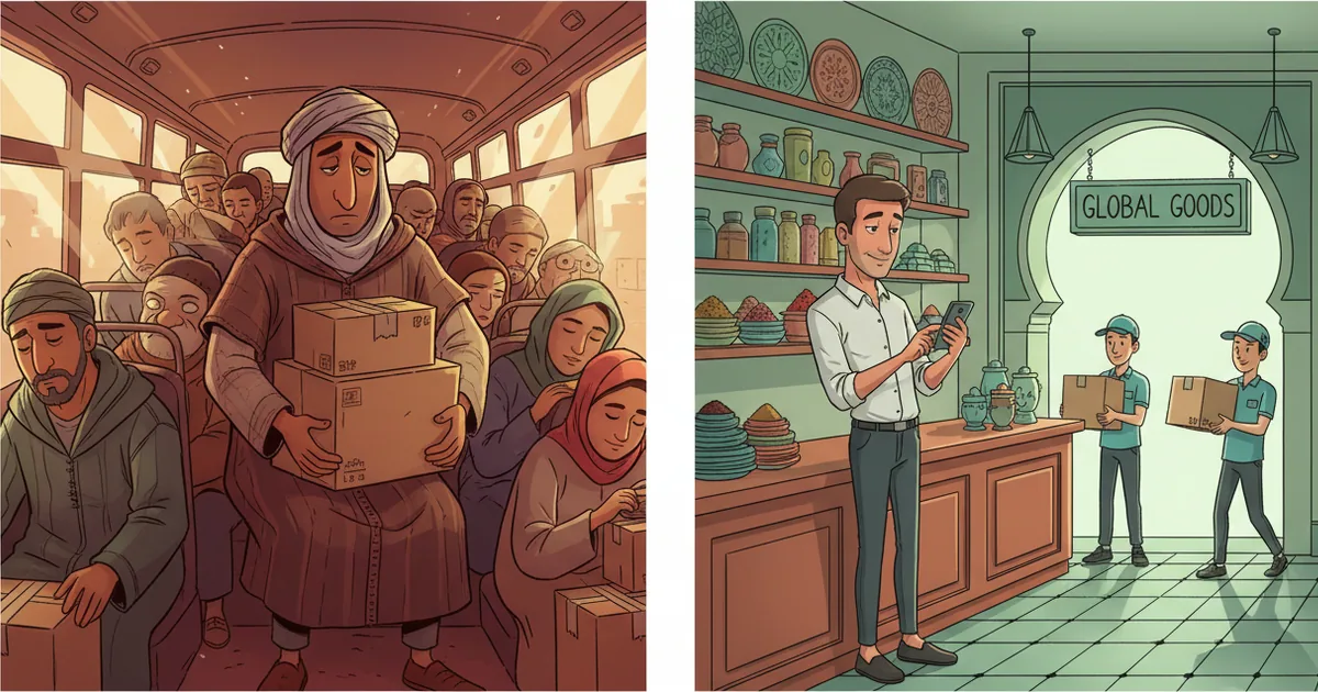 Split scene showing tired merchant on bus versus relaxed merchant ordering from shop