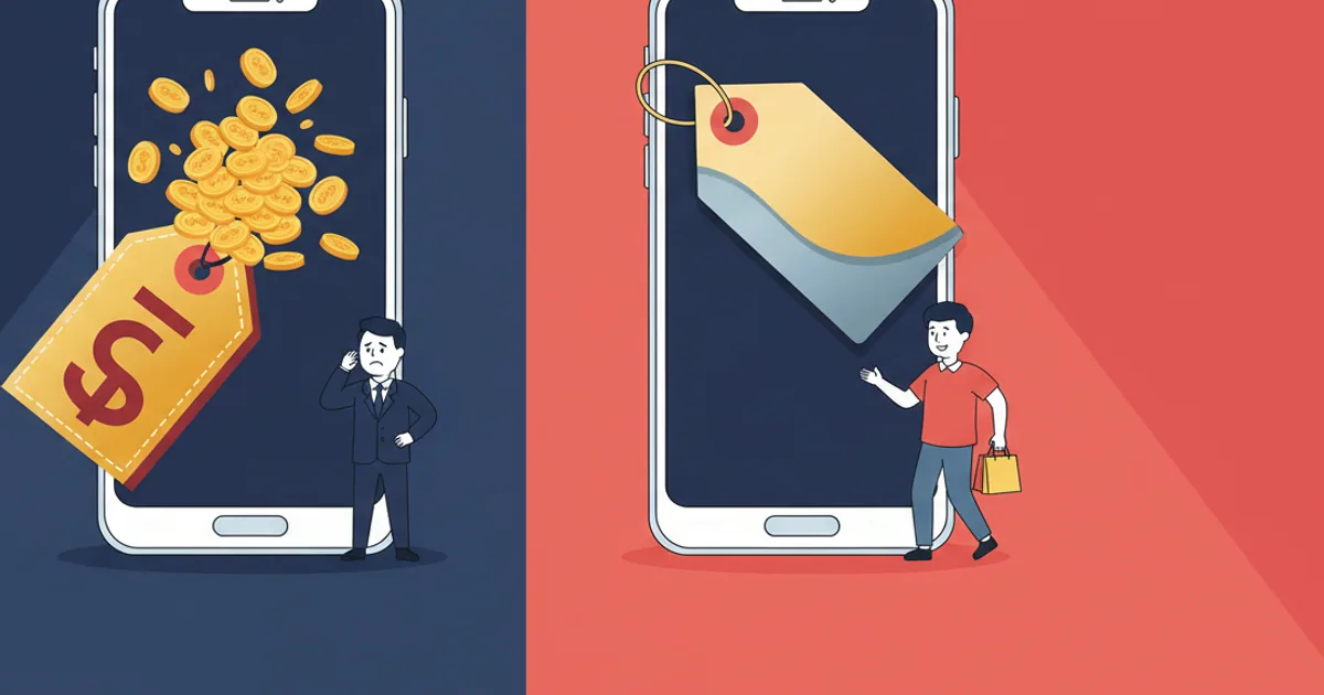 Split comparison showing price tags on a smartphone, one expensive and one affordable