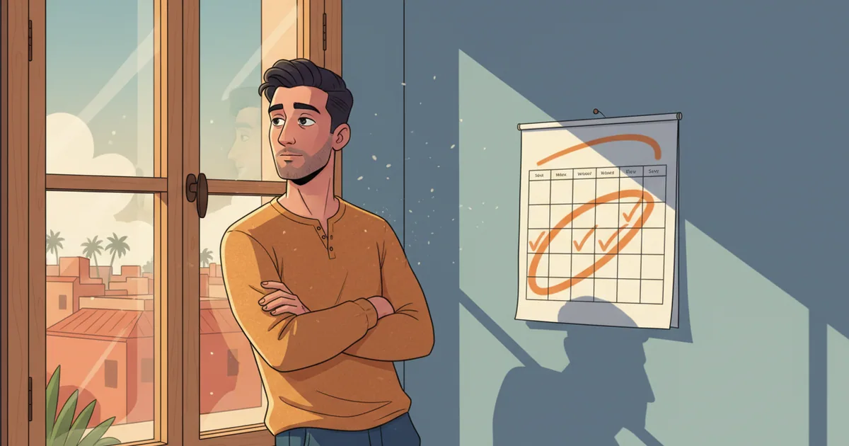Person waiting patiently by a window with a calendar showing weeks passing