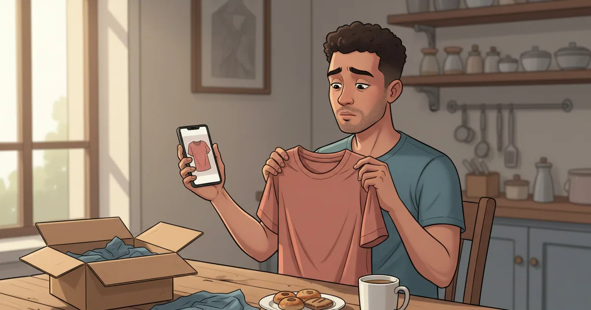 Moroccan shopper comparing received product to expectation on phone screen with mild disappointment