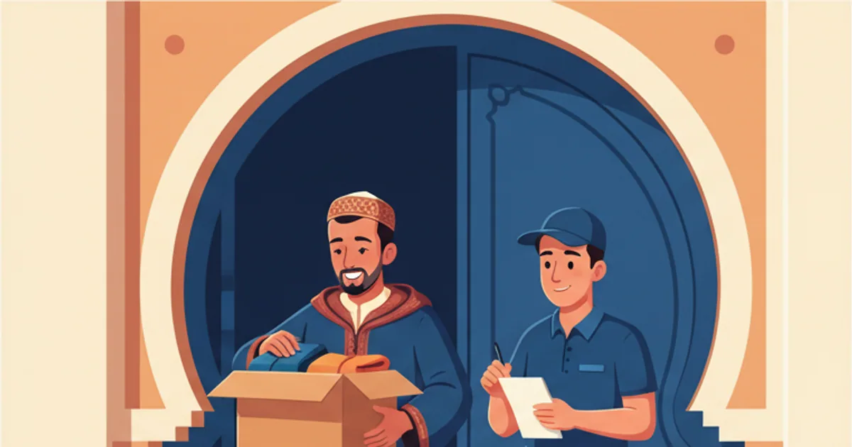Customer opening a delivery box while a friendly courier waits at the doorstep
