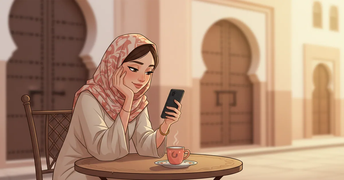 Person looking thoughtfully at a smartphone screen while sitting at a café table
