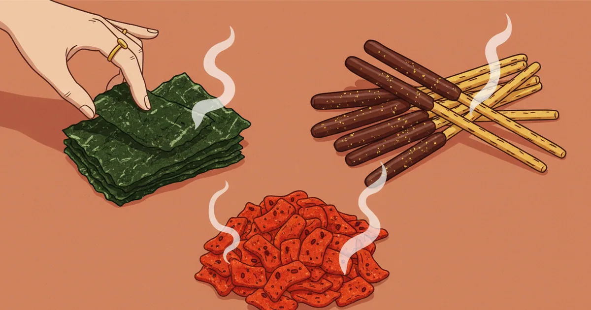 Arrangement of Korean snacks showing seaweed chips, chocolate Pepero sticks, and spicy crackers