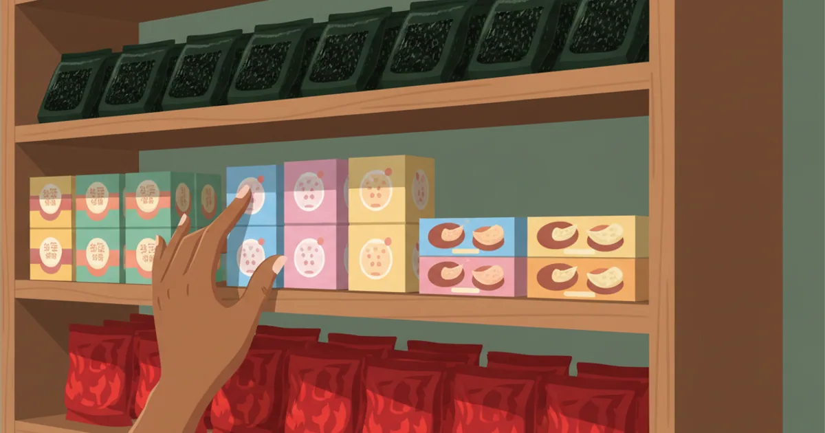 Hand reaching for organized rows of different Korean snack categories on wooden shelves