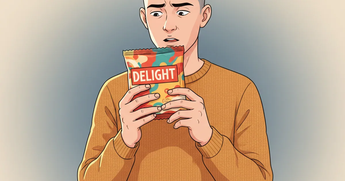 Person examining a Korean snack package with thoughtful expression