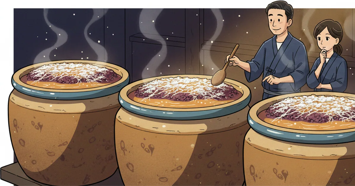 Traditional ceramic fermentation vessels with koji mold growing on soybean and wheat mixture
