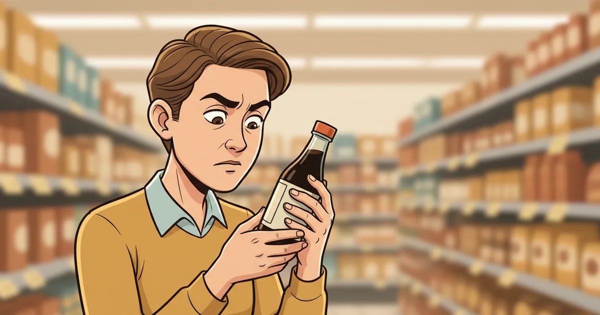 Person carefully reading the ingredient label on a soy sauce bottle in a grocery aisle