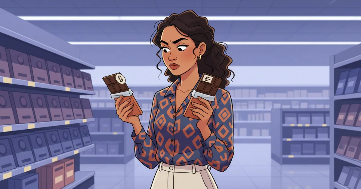 Shopper comparing chocolate prices at a modern Moroccan supermarket shelf