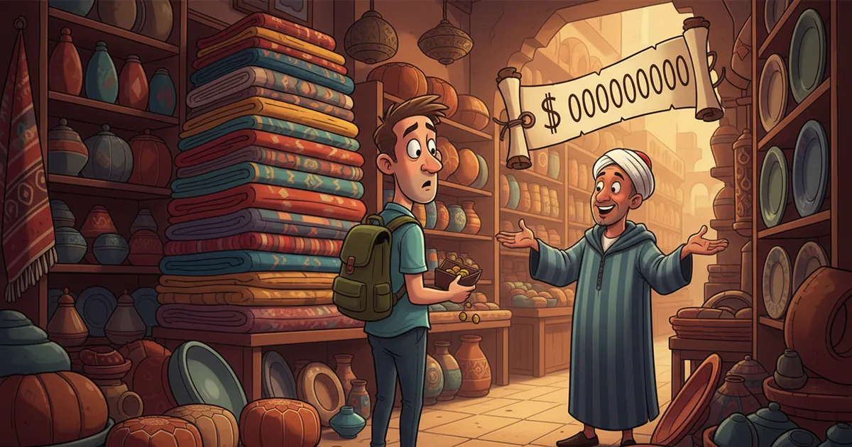 Tourist looking confused at overpriced items in a medina gift shop