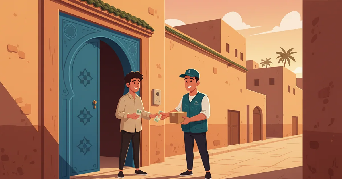 Delivery driver handing a package to a customer who pays cash at the doorstep
