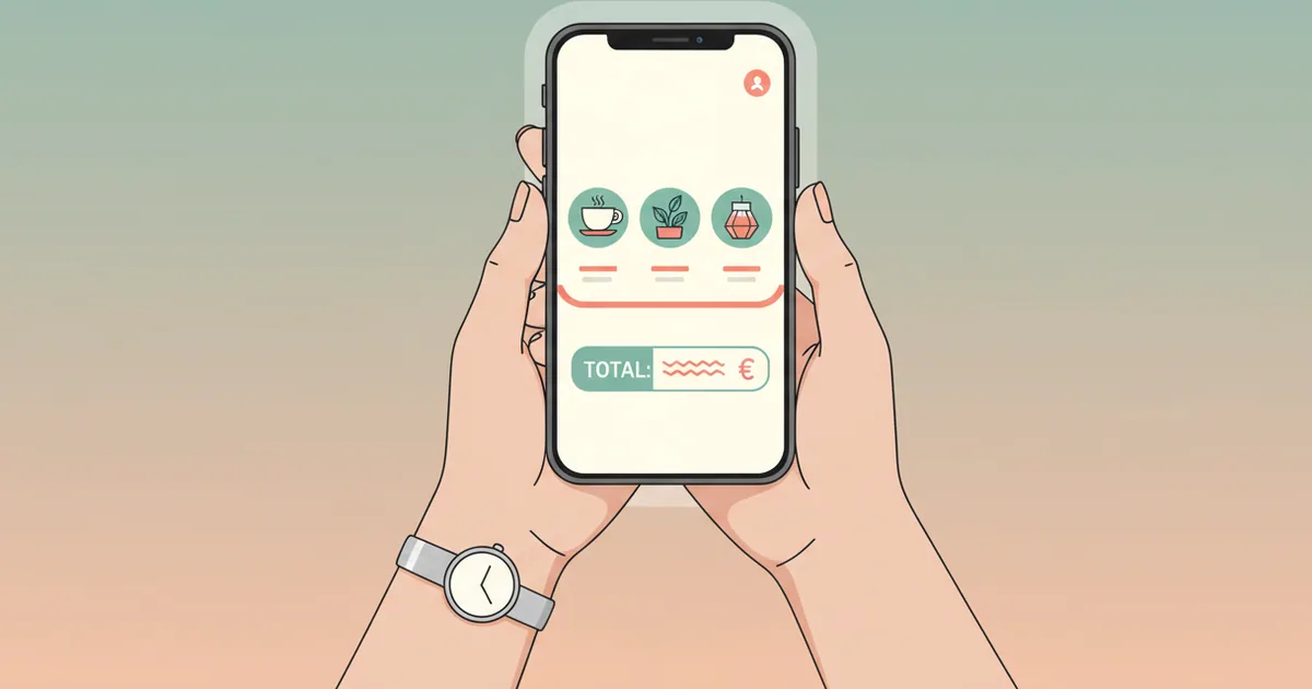 Hands holding a smartphone displaying a shopping cart checkout screen