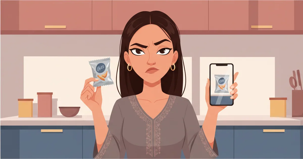 Woman looking disappointed while comparing a small received product to a larger photo on her phone