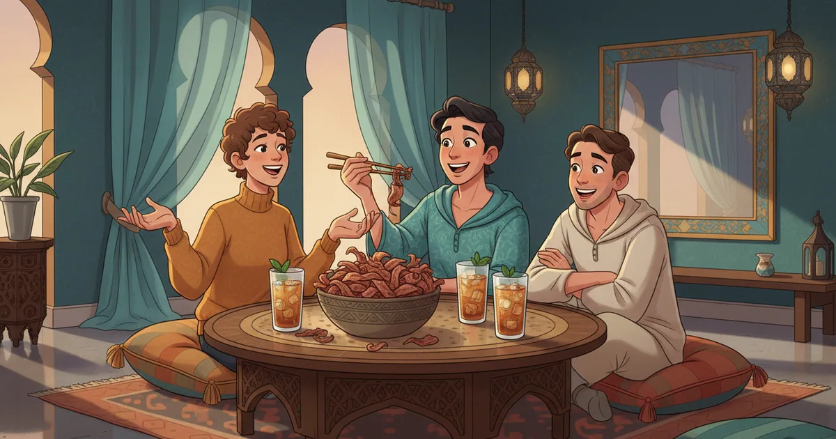 Friends sharing Korean snacks and drinks during a casual gathering