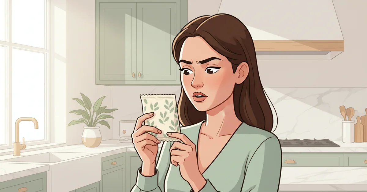 Person carefully examining a snack package expiration date