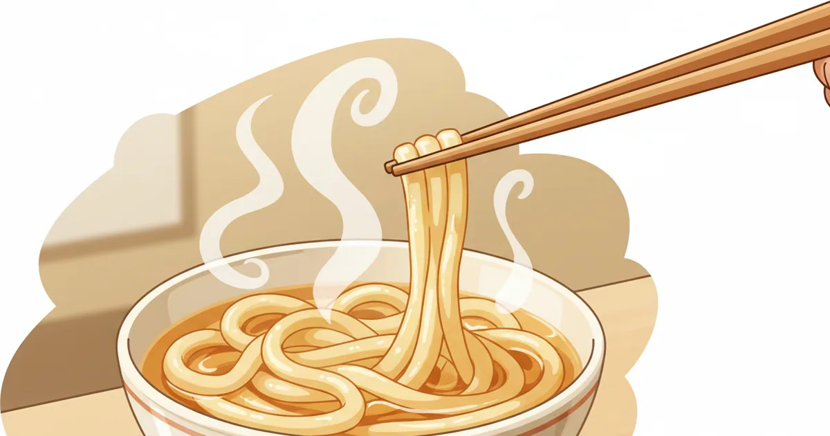 Steaming bowl of fresh udon noodles in golden broth with chopsticks lifting a strand