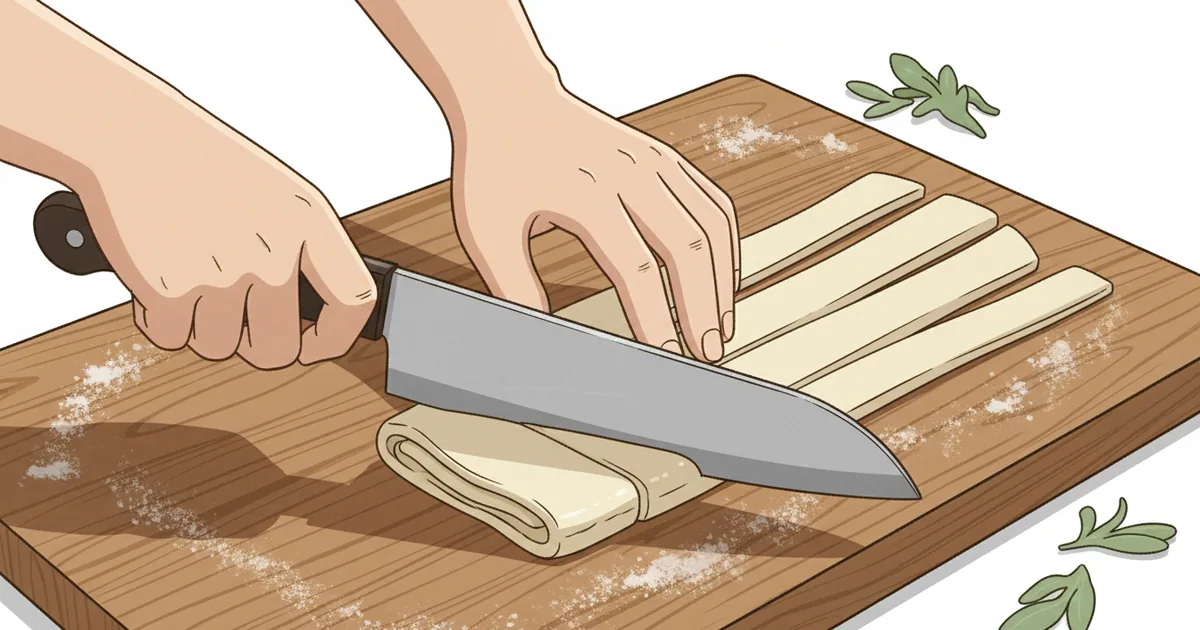 Hands cutting fresh udon dough into thick noodle strips on a floured wooden surface