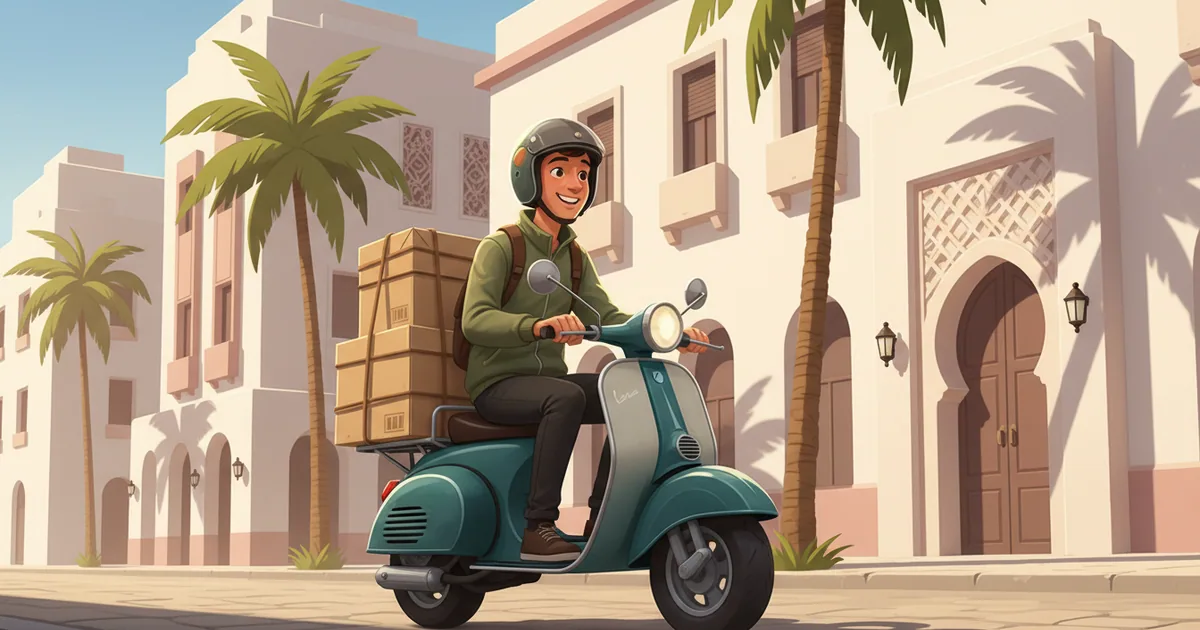 Delivery scooter rider navigating a sunny Casablanca street with stacked packages