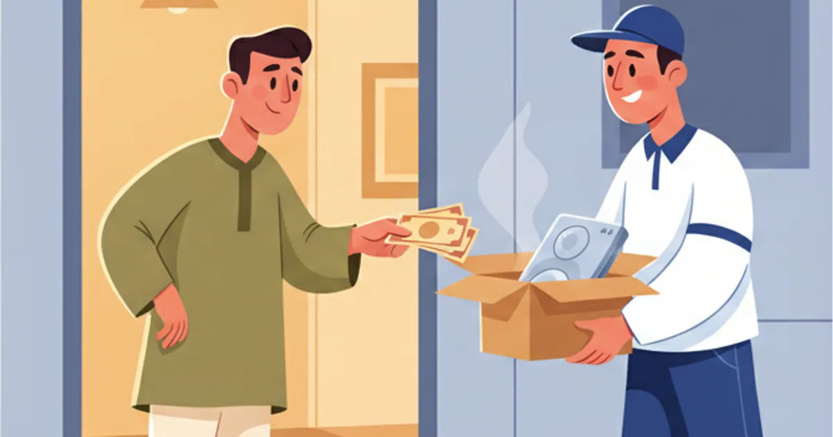 Customer handing cash to a delivery person at an apartment doorway