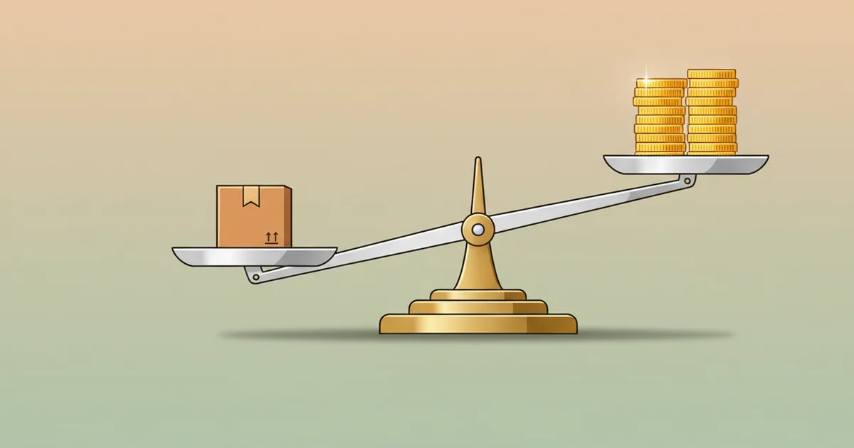 Simple balance scale weighing a small box against coins