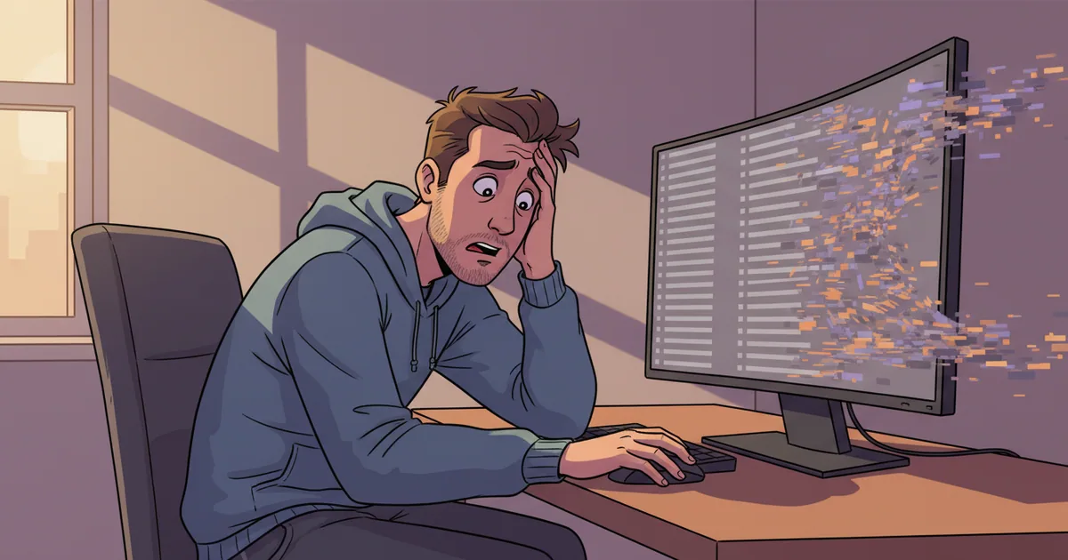 Frustrated engineer staring at an overwhelming cluttered backlog on screen
