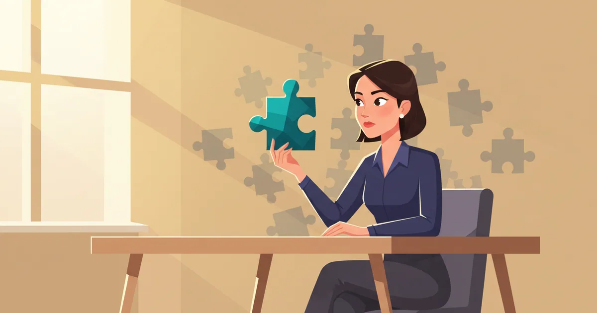 Product manager studying a single glowing puzzle piece while scattered pieces fade into the background