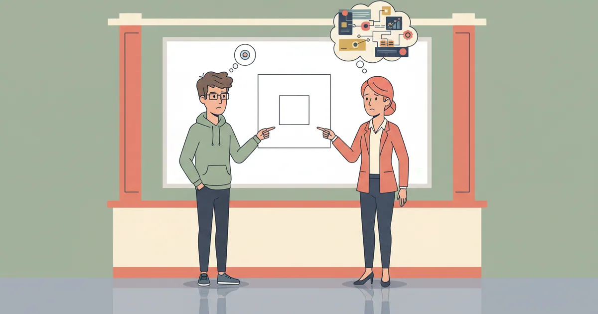 Engineer and product manager pointing at the same whiteboard drawing but seeing completely different things