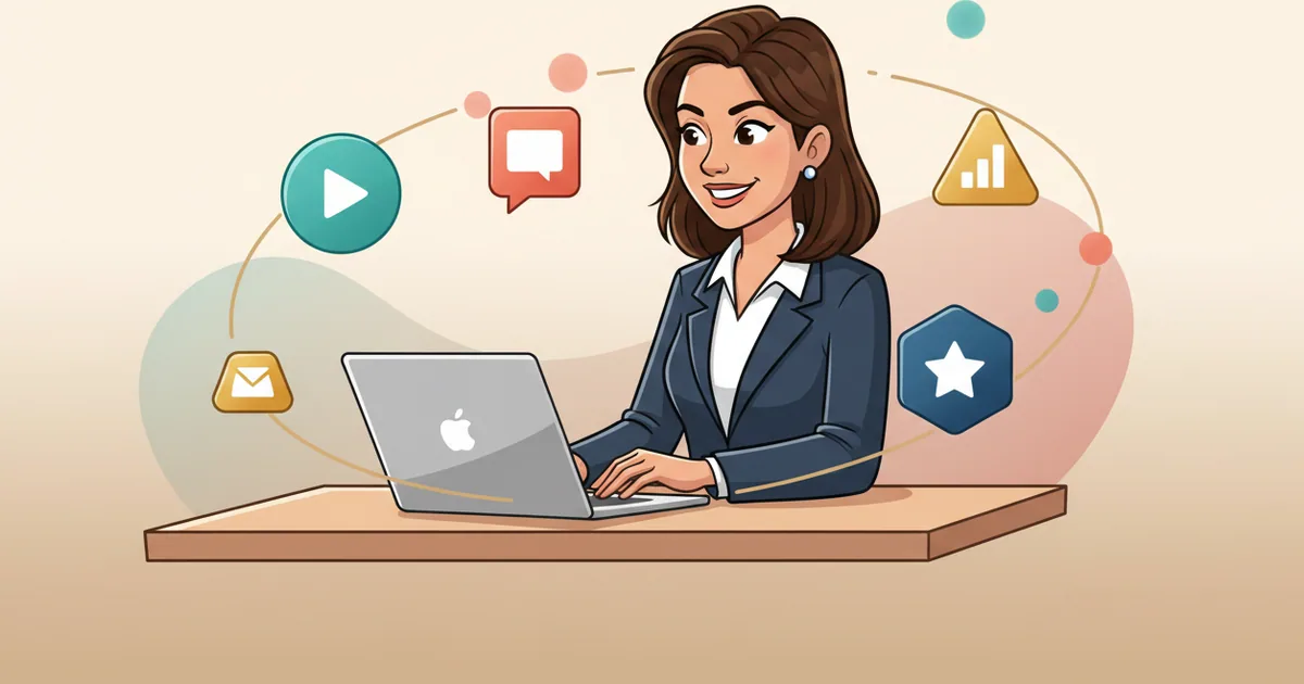 Professional working at laptop surrounded by floating app icons representing cloud-based software tools