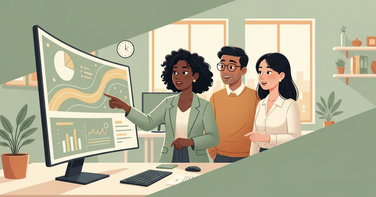Finance and IT team members collaborating easily around a shared screen