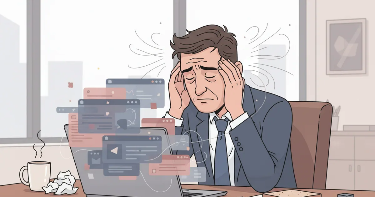 Frustrated employee at desk with too many disconnected browser tabs open