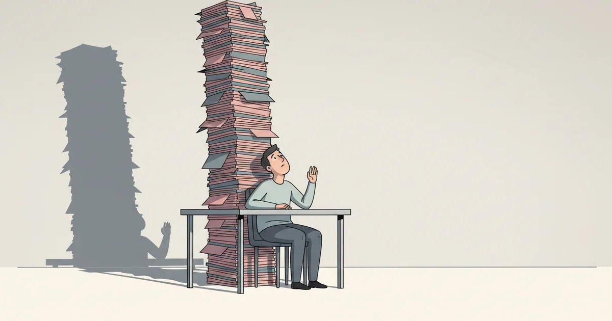 Overwhelmed person facing a towering pile of accumulated backlog items