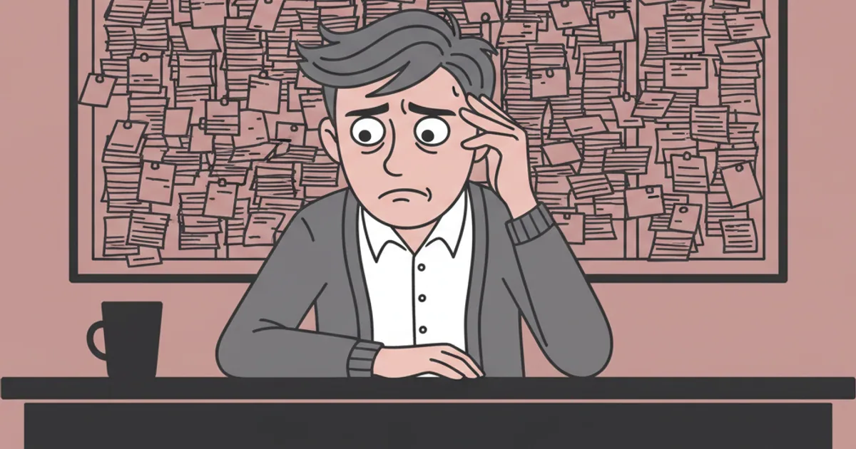 Engineer overwhelmed by a chaotic board overflowing with unlabeled cards and no organization