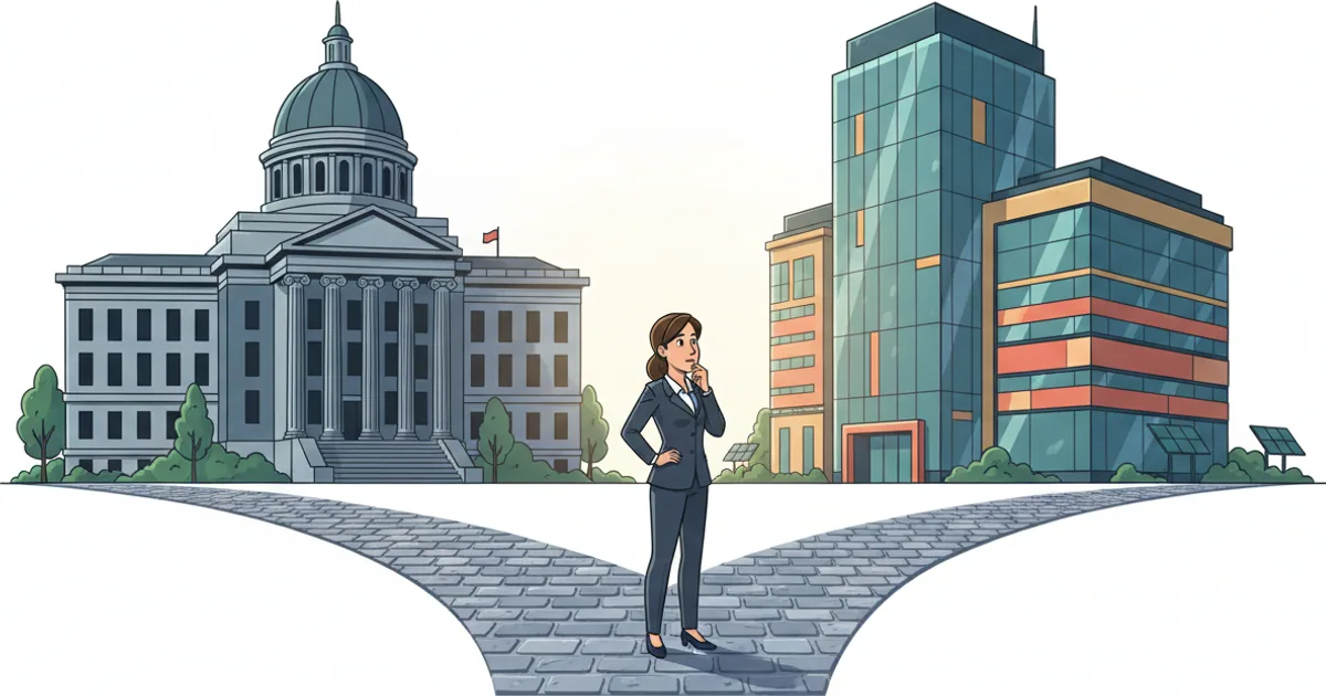 Person at crossroads with government building on one side and modern software interface on the other