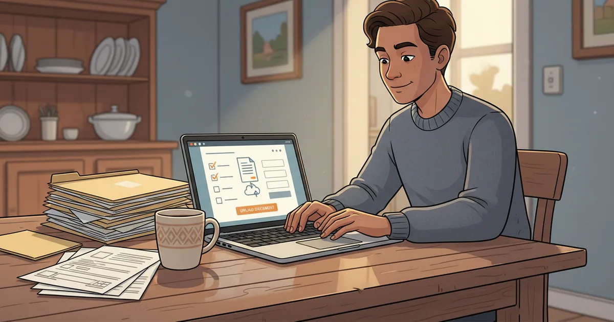 Resident at home uploading documents to a government case management system on laptop