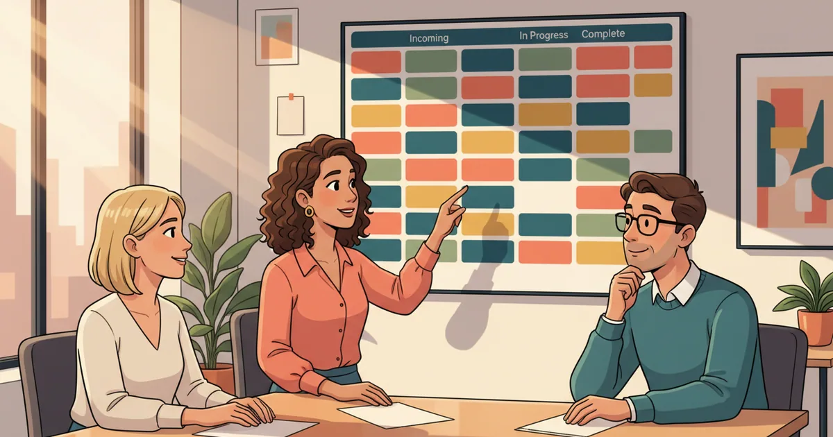 Product team reviewing organized customer feedback on a shared board in a bright office