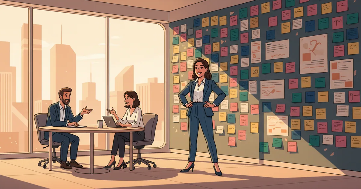 Product team member reviewing organized feedback cards on a wall while colleagues discuss priorities