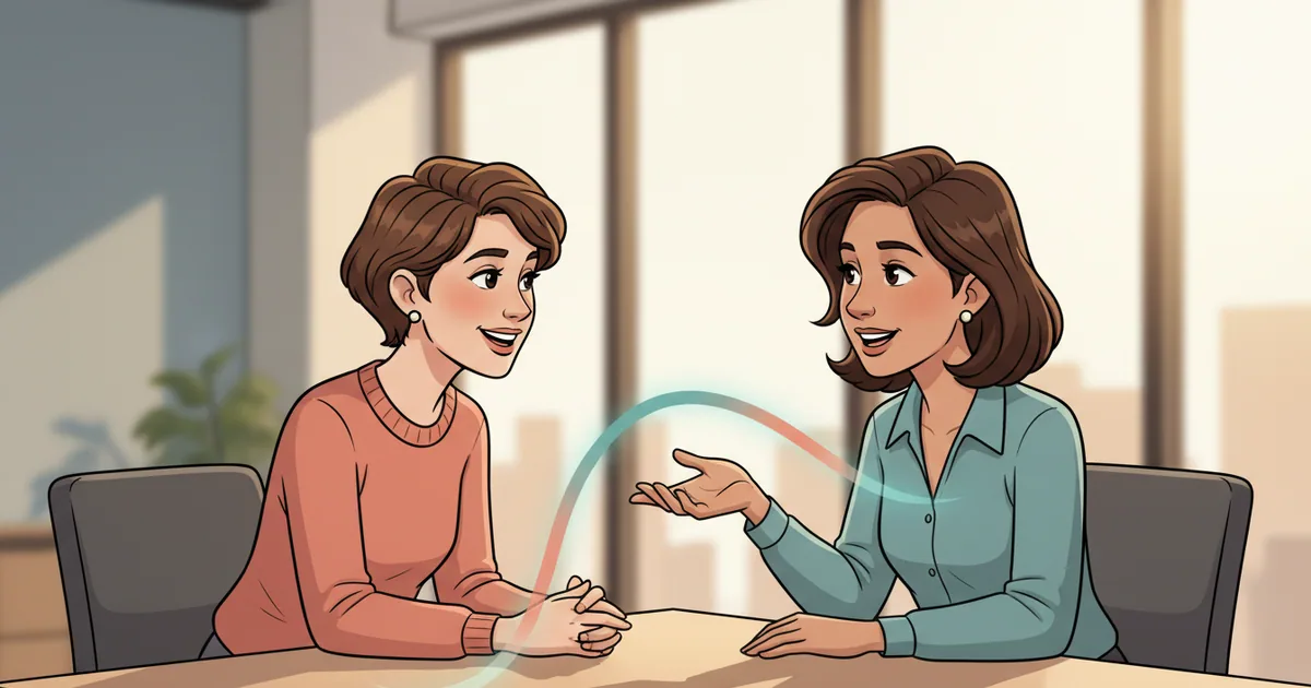 Customer and support representative having a positive conversation across a desk