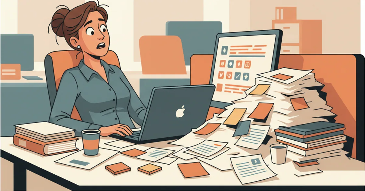 Overwhelmed team member at desk surrounded by scattered unorganized papers and unanswered messages