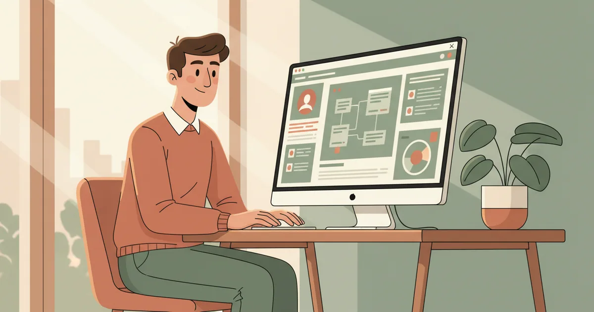 Product manager at a minimal desk studying a clean interface on a large monitor, morning light streaming in