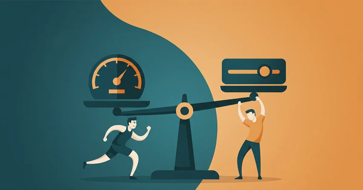 Clean infographic showing a balance scale weighing speed against flexibility