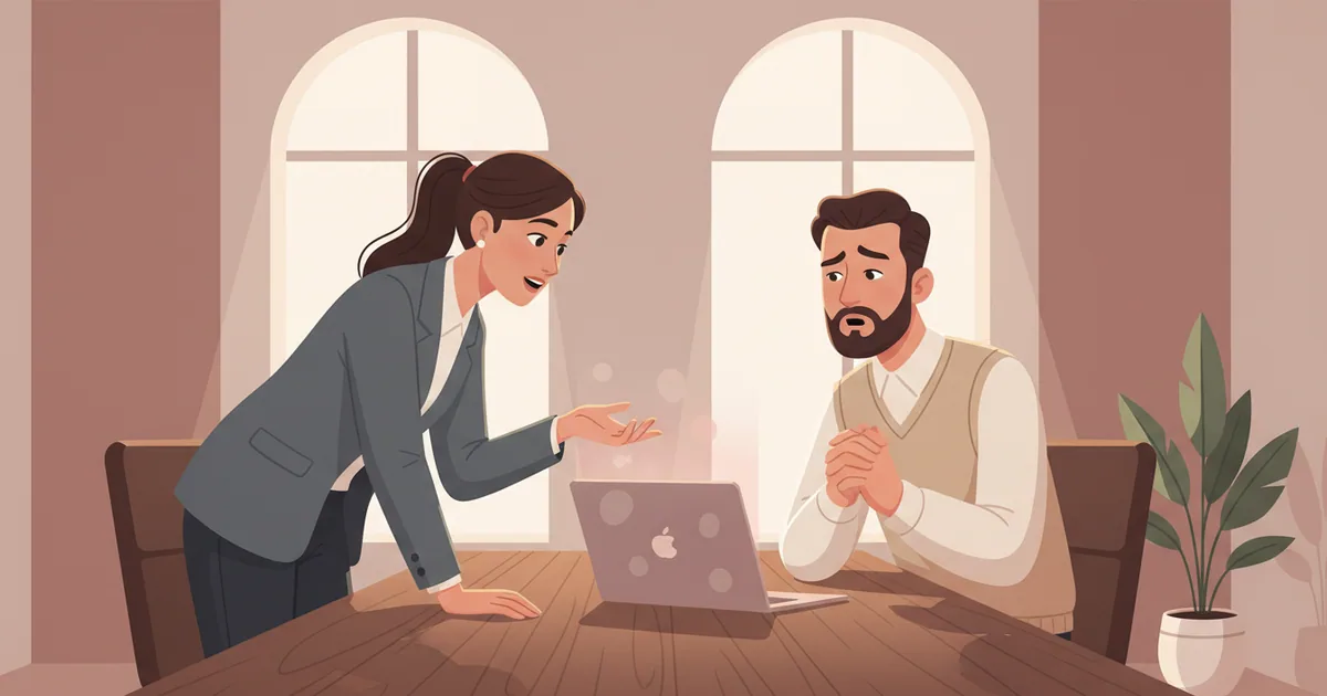 Agency team member awkwardly showing a laptop screen to a confused client across a table
