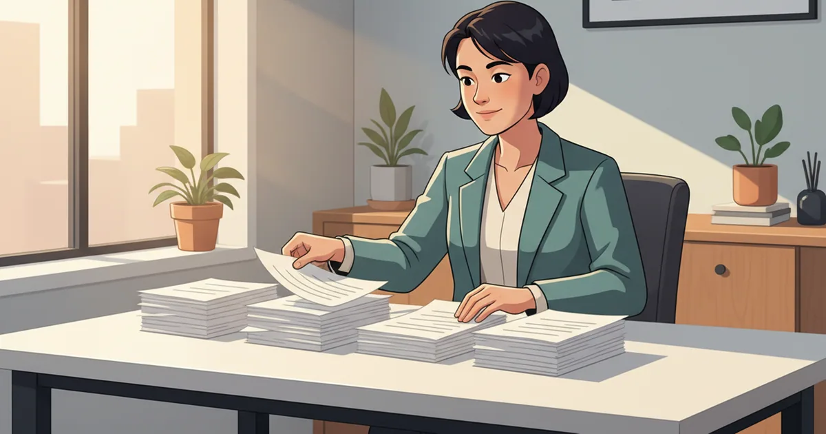 Product manager calmly sorting through a stack of incoming requests at a minimal desk